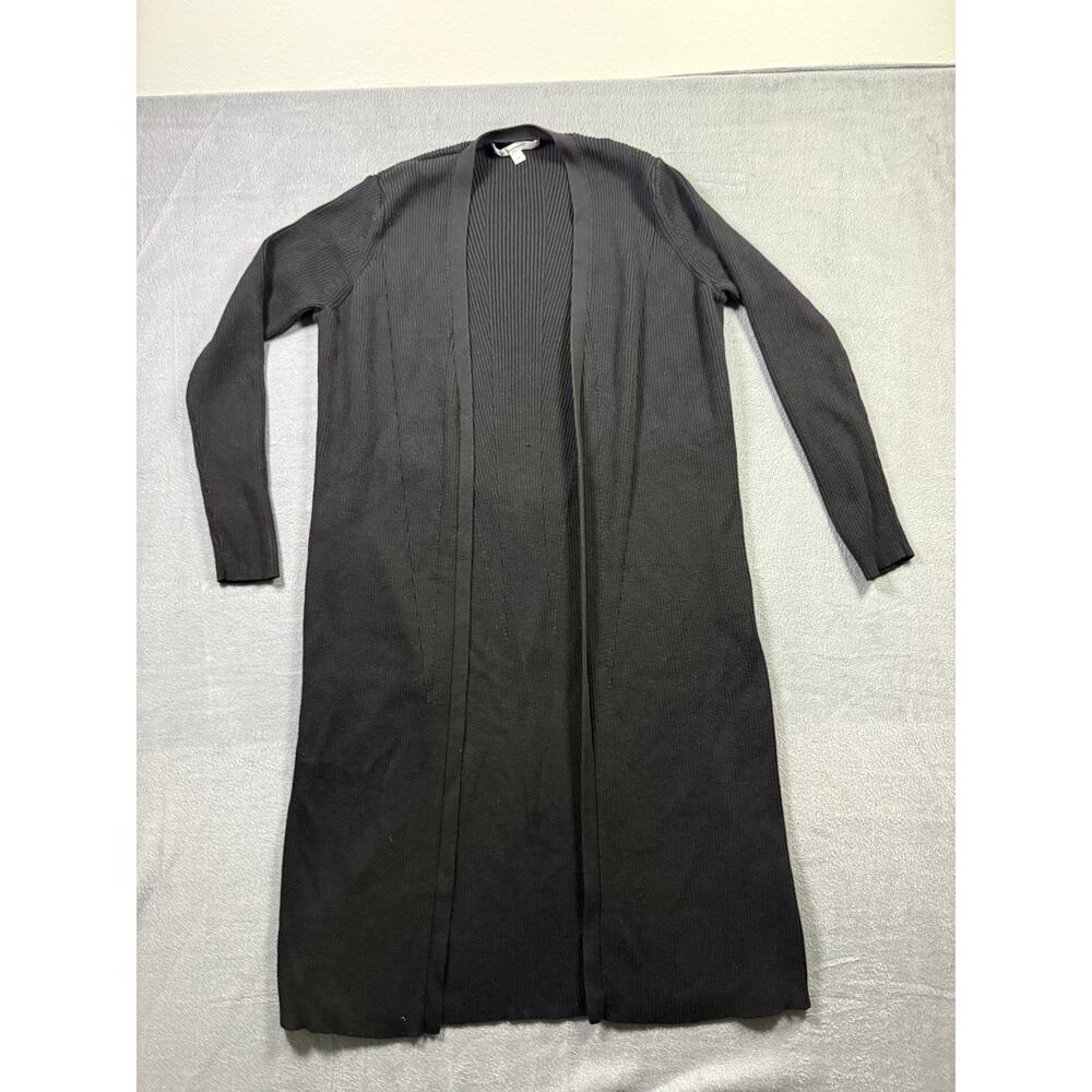 Foxcroft Ribbed Open Front Long-Length Cardigan Black Size Large Tie Front